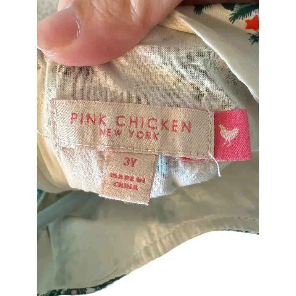 Pink Chicken Girl's Cream Green Christmas Tree A- Line Dress Size 3Y